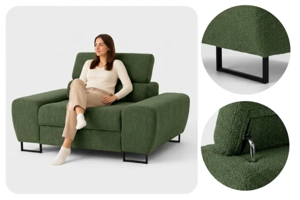 Zestaw wypoczynkowy sofa kanapa 2 fotele zielony welur Savio Family Meble — detale