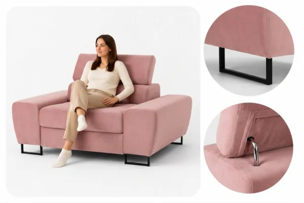 Zestaw wypoczynkowy sofa kanapa 2 fotele różowy welur Savio Family Meble — detale