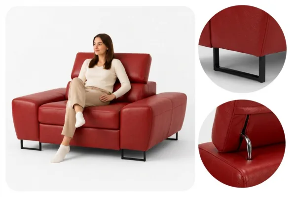 Zestaw wypoczynkowy sofa kanapa 2 fotele czerwony ekoskóra Savio Family — detale