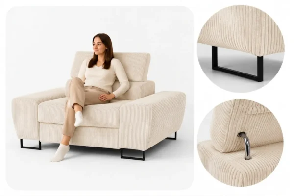 Zestaw wypoczynkowy sofa kanapa 2 fotele beżowy sztruks Savio Family Meble — detale