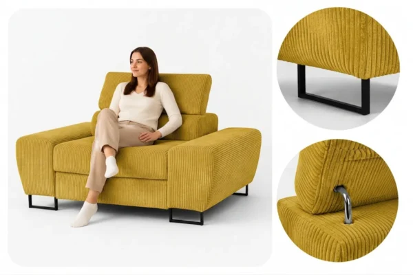 Zestaw wypoczynkowy sofa kanapa 2 fotele musztardowy złoty sztruks Savio — detale