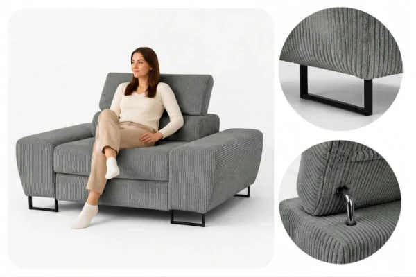 Zestaw wypoczynkowy sofa kanapa 2 fotele szary grafit sztruks Savio Family — detale