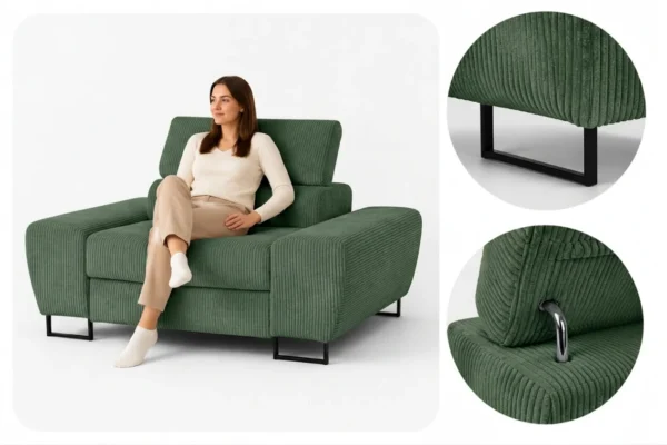 Zestaw wypoczynkowy sofa kanapa 2 fotele zielony sztruks Savio Family Meble — detale