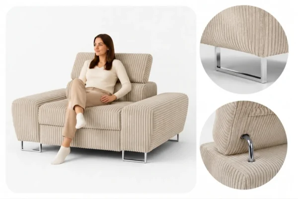 Zestaw wypoczynkowy sofa kanapa 2 fotele beż sztruks Savio Family Meble — detale