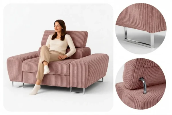 Zestaw wypoczynkowy sofa kanapa 2 fotele róż sztruks Savio Family Meble — detale