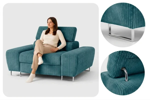 Zestaw wypoczynkowy sofa kanapa fotele niebieski sztruks Savio Family Meble — detale