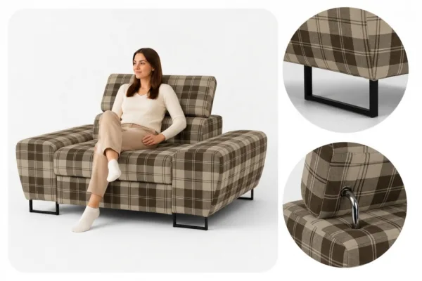 Zestaw wypoczynkowy sofa kanapa 2 fotele beż kratka Savio Family Meble — detale