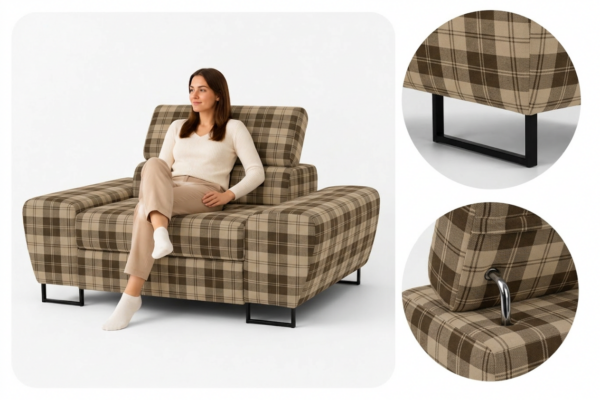 Zestaw wypoczynkowy sofa kanapa 2 fotele brąz kratka Savio Family Meble — detale