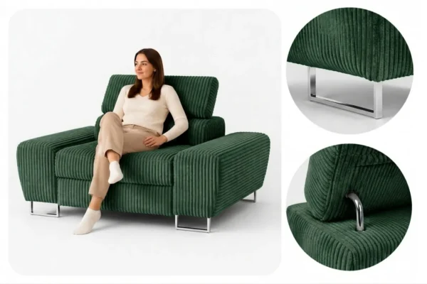 Zestaw wypoczynkowy sofa kanapa 2 fotele zielony sztruks Savio Family Meble — detale