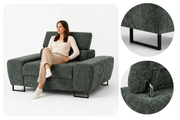Zestaw wypoczynkowy sofa kanapa 2 fotele szary szenil Savio Family Meble — detale