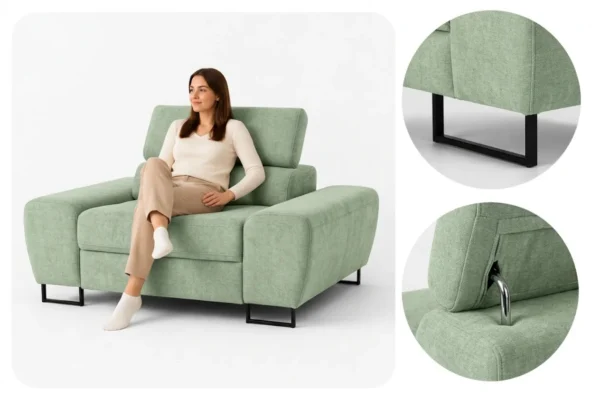 Zestaw wypoczynkowy sofa 3 kanapa fotele miętowy welur Savio Family Meble — detale
