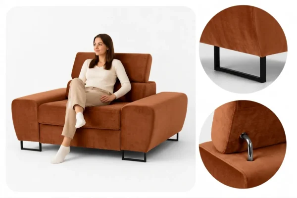 Zestaw wypoczynkowy sofa 3 kanapa fotele salonu welur Savio Family Meble — detale