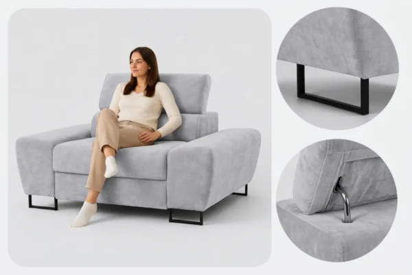 Zestaw wypoczynkowy sofa 3 kanapa fotele szary welur Savio Family Meble — detale