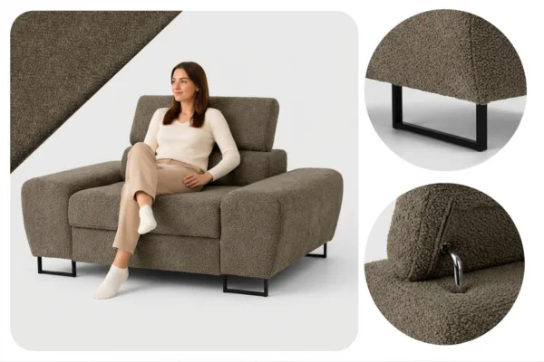 Zestaw wypoczynkowy sofa 3 kanapa fotele brąz boucla Savio Family Meble — detale
