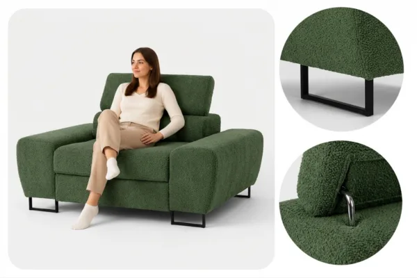 Zestaw wypoczynkowy sofa 3 kanapa fotele zielony boucla Savio Family Meble — detale