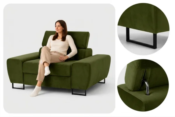 Zestaw wypoczynkowy sofa 3 kanapa fotele jasno zielony khaki Savio Family — detale
