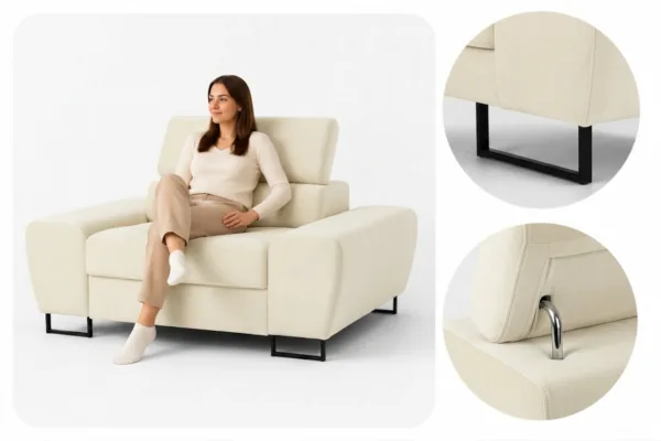 Zestaw wypoczynkowy sofa 3 kanapa fotele kremowy welur Savio Family Meble — detale