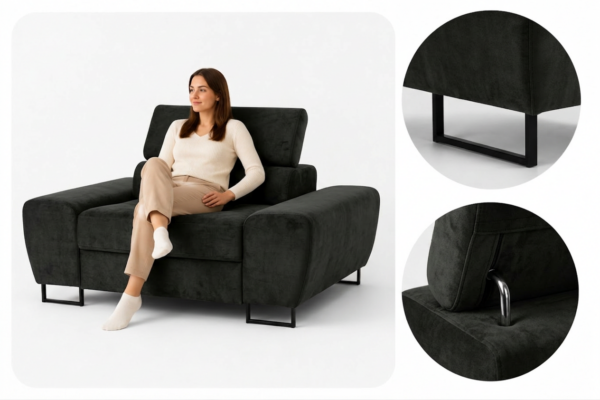 Zestaw wypoczynkowy sofa 3 kanapa fotele czarny welur wygodny Savio Family — detale