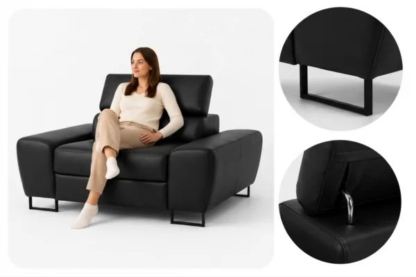Zestaw wypoczynkowy sofa 3 kanapa fotele czarny ekoskóra Savio Family Meble — detale