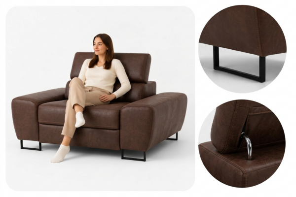 Zestaw wypoczynkowy sofa 3 kanapa fotele brąz ekoskóra Savio Family Meble — detale