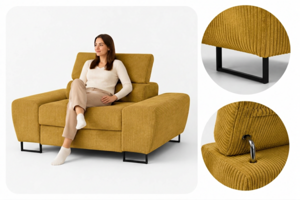 Zestaw wypoczynkowy sofa 3 kanapa fotele musztardowy sztruks Savio Family — detale