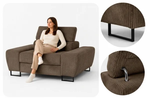 Zestaw wypoczynkowy sofa 3 kanapa fotele brązowy sztruks Savio Family Meble — detale