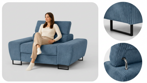 Zestaw wypoczynkowy sofa 3 kanapa fotele granatowy sztruks Savio Family Meb — detale