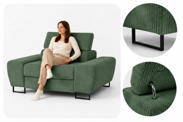 Zestaw wypoczynkowy sofa 3 kanapa fotele zielony sztruks Savio Family Meble — detale