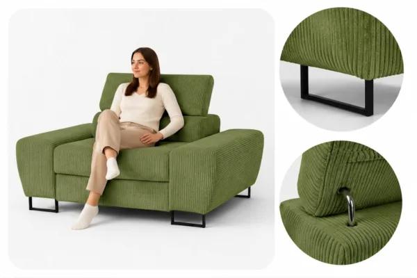 Zestaw wypoczynkowy sofa 3 kanapa fotele zielony khaki sztruks Savio Family — detale
