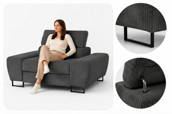 Zestaw wypoczynkowy sofa 3 kanapa fotele czarny sztruks Savio Family Meble — detale