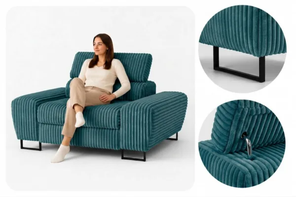 Zestaw wypoczynkowy sofa 3 kanapa fotele niebieski sztruks Savio Family Meb — detale