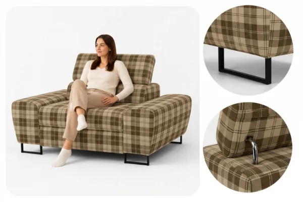 Zestaw wypoczynkowy sofa 3 kanapa fotele brąz kratka szkocka Savio Family — detale