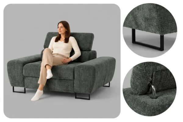 Zestaw wypoczynkowy sofa 3 kanapa fotele szary szenil Savio Family Meble — detale