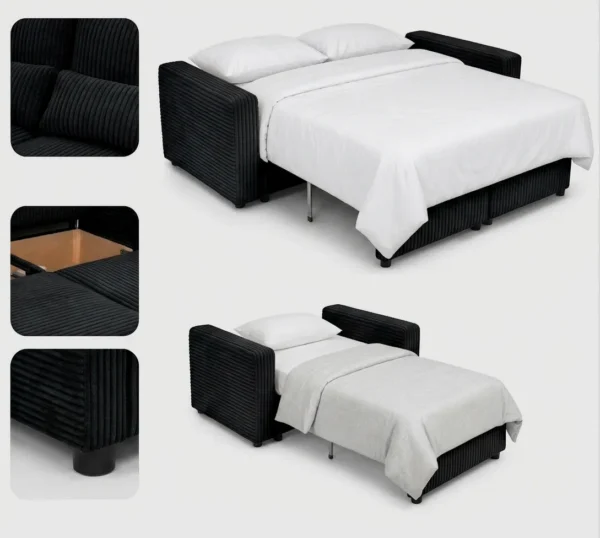 Zestaw wypoczynkowy kanapa sofa rozkładana 2 fotele czarny sztruks Komo — detale