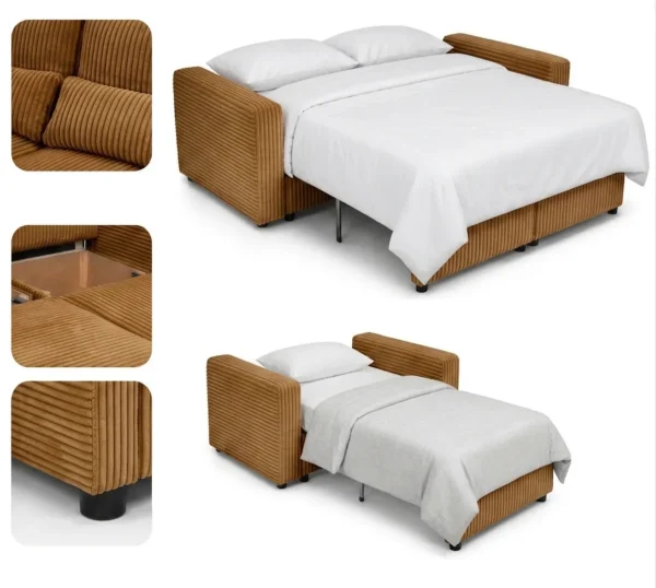 Zestaw wypoczynkowy kanapa sofa rozkładana 2 fotele sztruks miedziany welur — detale