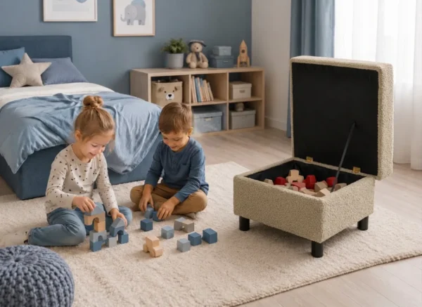 Pufa otwierana podnóżek pojemnik siedzisko beż boucla Komo Family Meble — detale