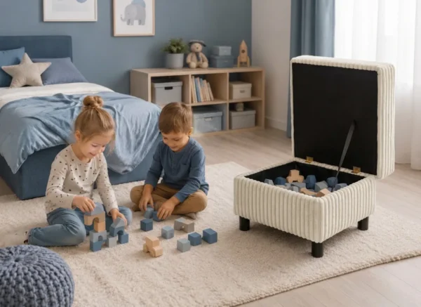 Pufa otwierana podnóżek pojemnik siedzisko beż tapicerowana Komo Family — detale