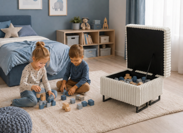Pufa otwierana podnóżek pojemnik siedzisko beż sztruks Savio Family Meble — detale