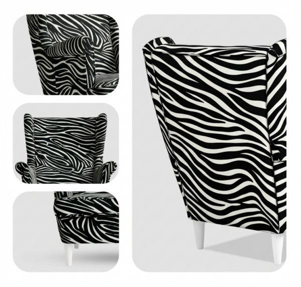 Fotel uszak skandynawski czarno biały zebra Design Ari Print Family Meble — widoki i detale