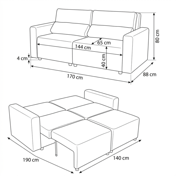 Kanapa 2 os sofa rozkładana spania pojemnik różowa salonu KOMO Family Meble — wymiary