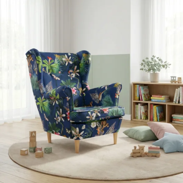Fotel uszak skandynawski wzorzysty niebieski liście Ari Print Family Meble — komfort