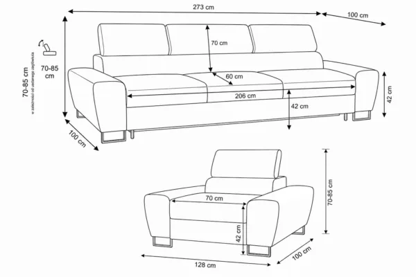 Zestaw wypoczynkowy sofa 3 kanapa fotele musztardowy sztruks Savio Family — wymiary