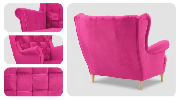 Sofa Kanapa Uszak Skandynawska fuksja pink welur sprężyn Carol Family Meble — widoki i detale