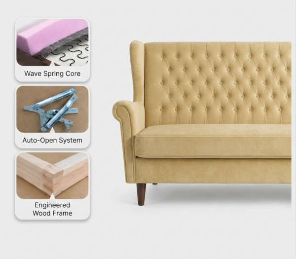 Wersalka Uszak welur pikowany designerska sofa beżowa Diana Family Meble — widoki i detale