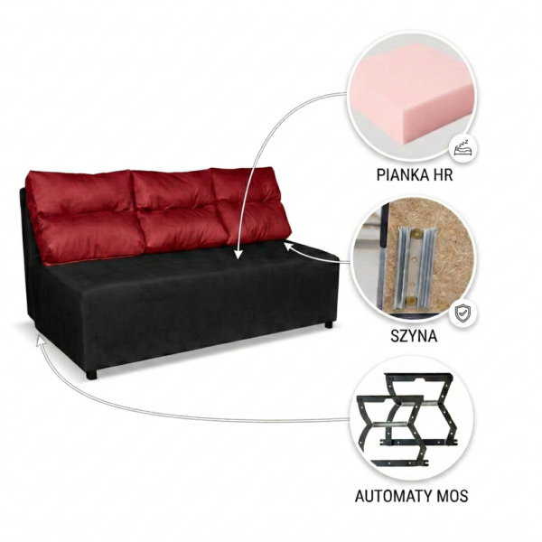 Kanapa Sofa rozkładana spania pojemnik czarno czerwon Kimo Duo Family Meble — widoki i detale
