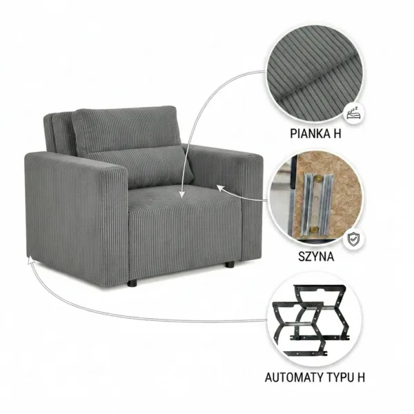 Fotel rozkładany spania pojemnik szary sztruks welur Komo Family Meble — widoki i detale