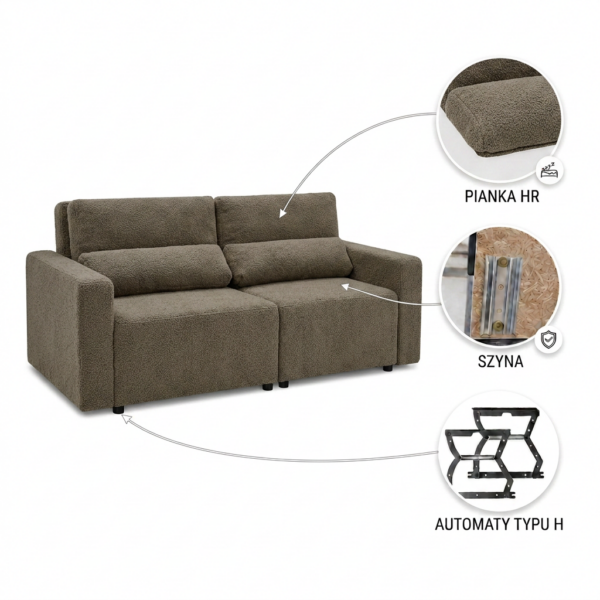 Kanapa 2 os sofa rozkładana spania pojemnik brąz cappuccino welur Komo — widoki i detale