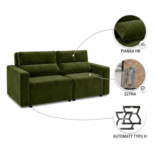 Kanapa 2 os sofa rozkładana spania pojemnik jasno zielony khaki Komo Family — widoki i detale