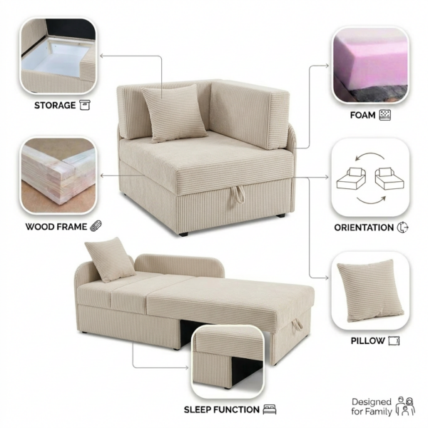 Łóżko dziecięce sofa kanapa beż gruby sztruks premium Denis Family Meble — widoki i detale