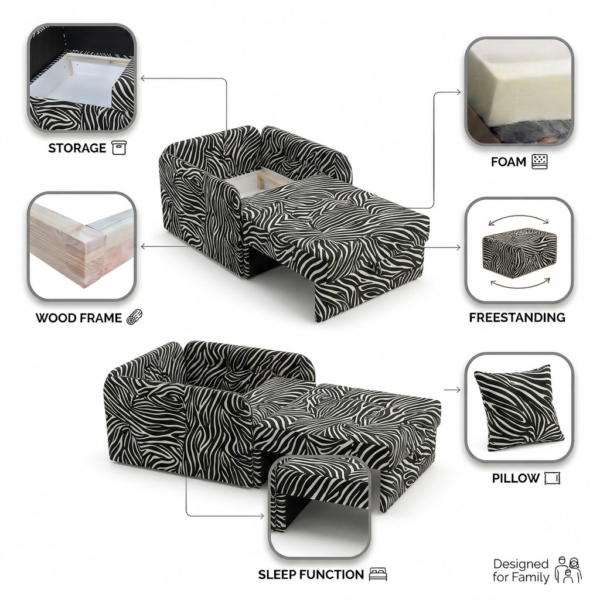 Łóżko dziecięce sofa kanapa czarno biała zebra Denis 3B Family Meble — widoki i detale